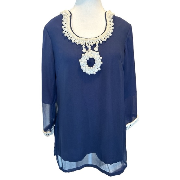RARE RUNGOLEE Embellished Beaded Tunic Blue White Sz S - Picture 2 of 9